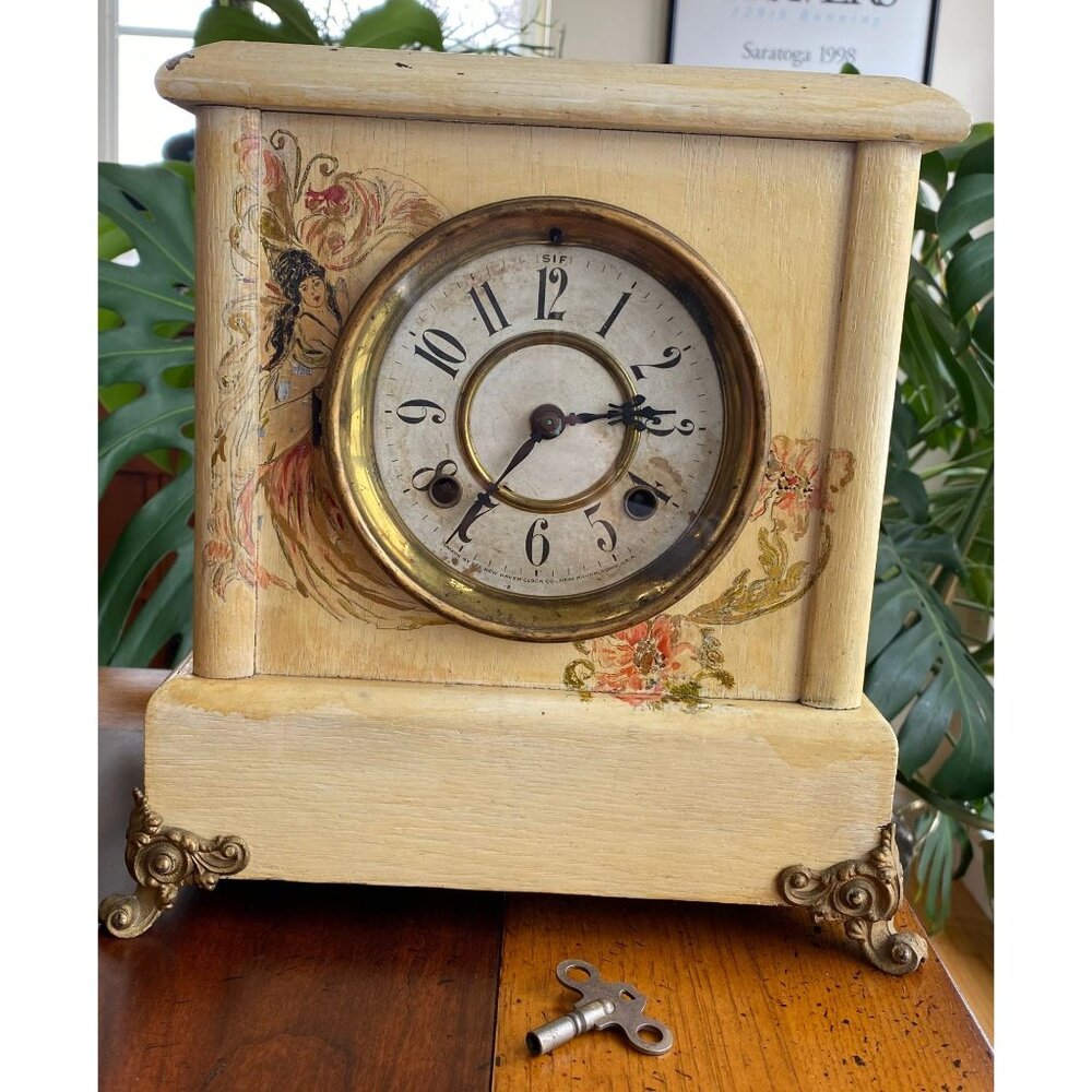 Painted 1890s New Haven Mantle Clock-Works!